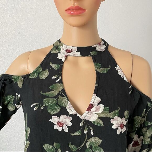 NWT American Eagle Cold Shoulder CutOut Long Sleeve Floral Dress Halter Neck XXS - Picture 2 of 15